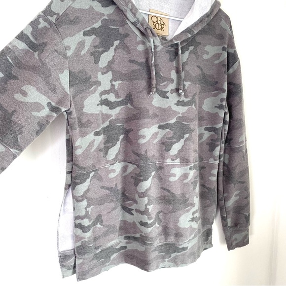 Chaser Grey Green Camo Oversized Hoodie Split Hem Drawstring Soft - Picture 5 of 7